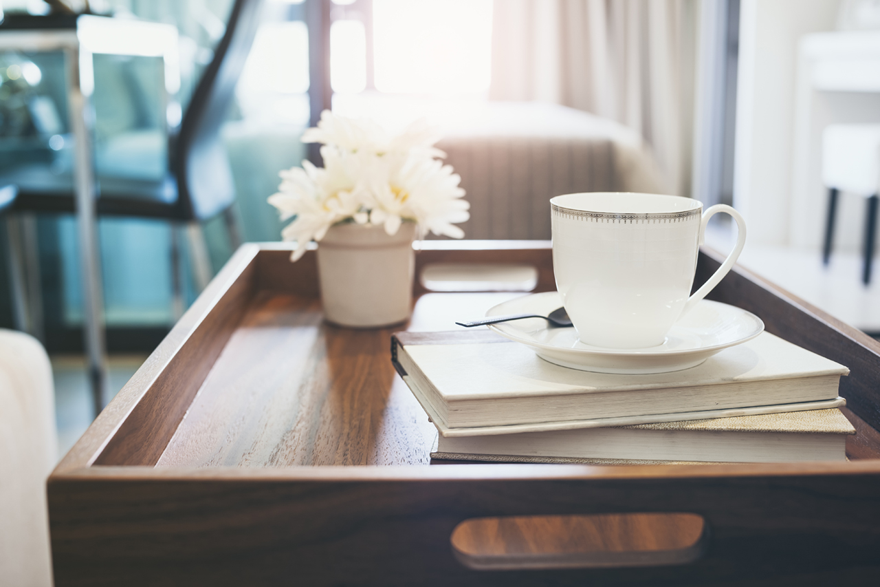 Coffee cup Book white flower on wooden tray interior decoration